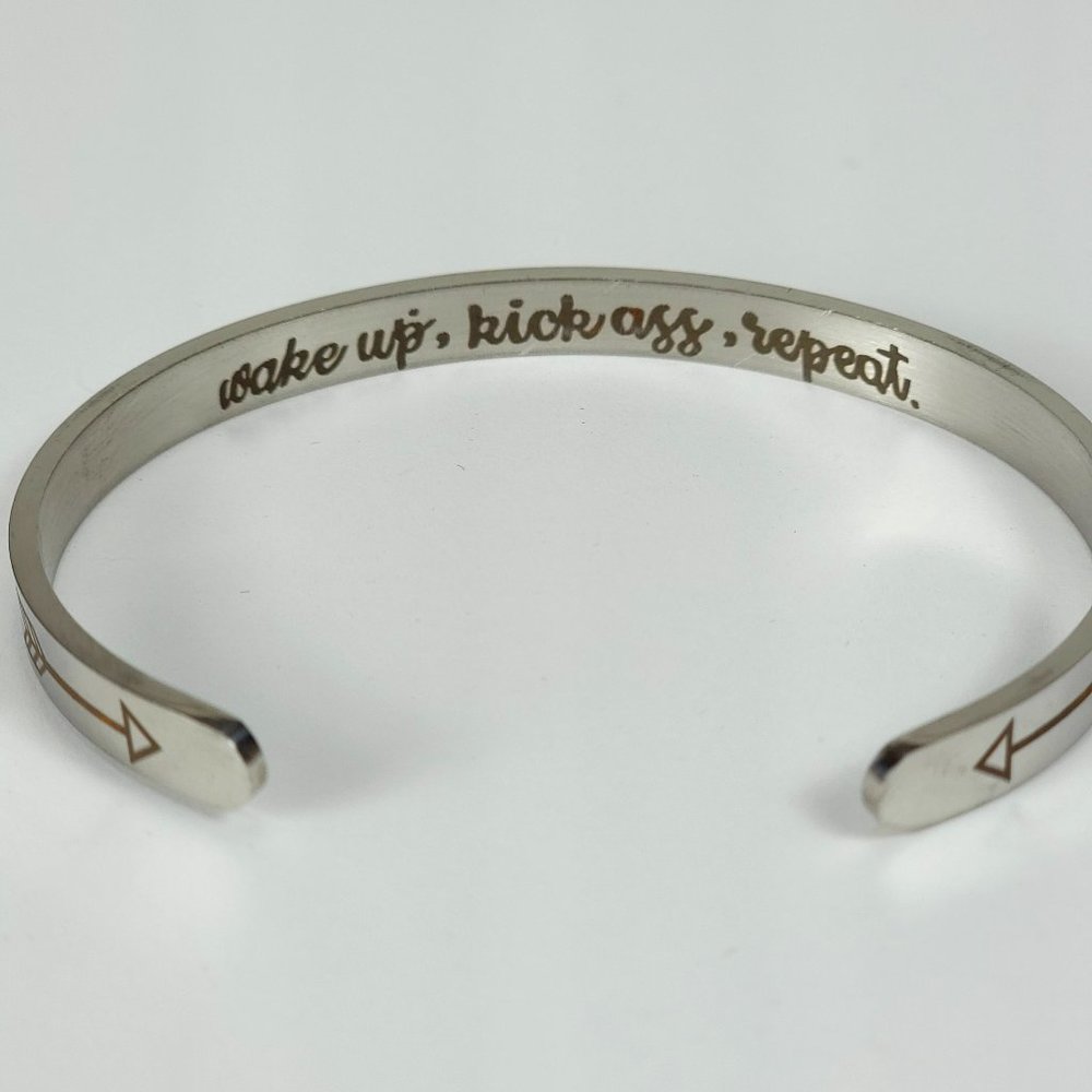 Inspirational "Wake Up, Kick Ass, Repeat" Silver Tone‎ Cuff Bracelet
